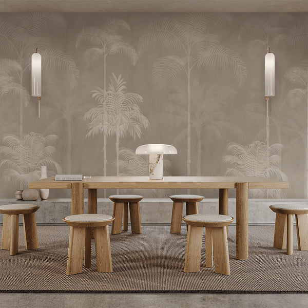 Beige palm tree wallpaper with an airy tropical landscape of tall palms and delicate botanical foliage for a bedroom or living room wall.