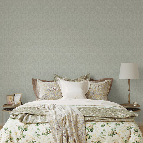 Cottagecore floral damask wallpaper with oversized light green blossoms, decorative leaves and graceful botanical stems on a soft off-white background.