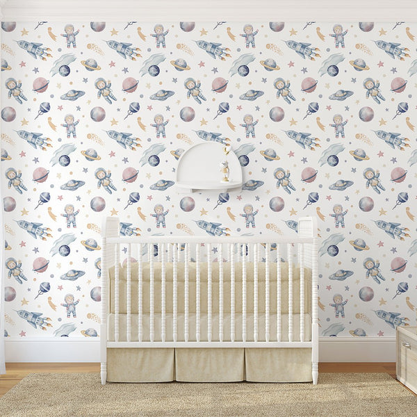 Astronauts & Spaceships Wallpaper S118 - CostaCover-Peel and stick Removable Wallpaper-accent wallpaper-adhesive wallpaper-bathroom wallpaper