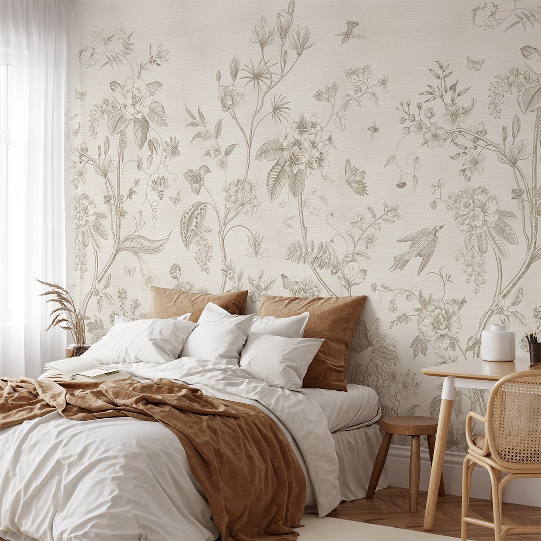 Beige Vintage Garden Grasscloth Wall Mural with romantic garden design