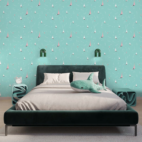Tiny Turquoise Sailboats Wallpaper A084 - CostaCover-Peel and stick Removable Wallpaper-abstract wall art-abstract wallpaper