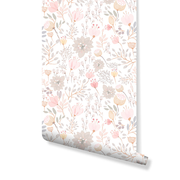 Pink Flowers Wallpaper with blush pink blooms and taupe leaves on a pale ground, creating a subtle botanical scatter. Perfect for nurseries or bedrooms in Scandinavian or cottage interiors, this removable wallpaper offers a light, airy finish. Made with eco-friendly materials, it's easy to reposition and ideal for decorators.