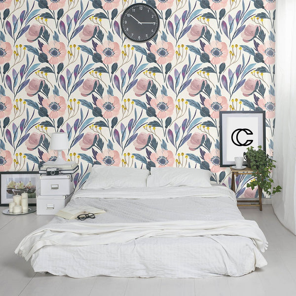 Poppy Pink Flower Wallpaper CC005 - CostaCover - Peel and stick Removable Wallpaper - adhesive wallpaper - bathroom wallpaper - bedroom interior
