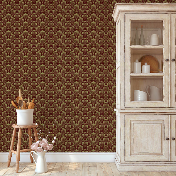 Burgundy Botanical Art Deco Wallpaper L019