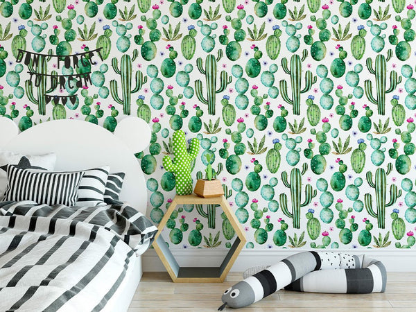 Watercolor Cactus Wallpaper CC209 - CostaCover - Peel and stick Removable Wallpaper - adhesive wallpaper - baby wall decor - bathroom wallpaper