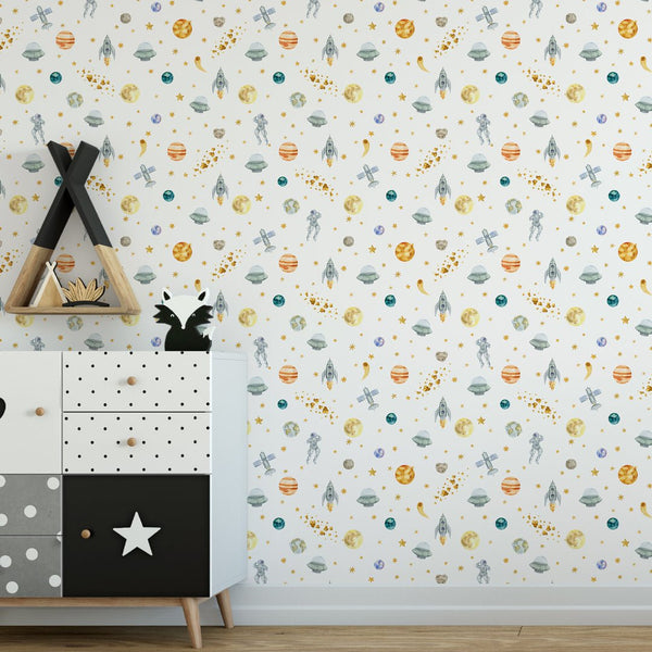 Watercolor Space Wallpaper W079 - CostaCover - Peel and stick Removable Wallpaper - adhesive wallpaper - Aqua blue wallpaper - astronaut
