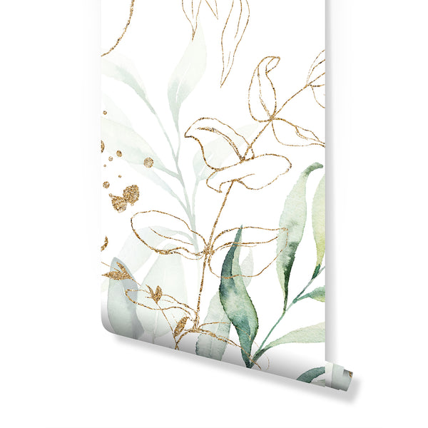 Eucalyptus Wallpaper with delicate watercolor leaves in sage green and grey, accented by gold-tone lines on a white ground. The airy, spa-like design enhances bedrooms or bathrooms, and its removable peel and stick nature is ideal for modern minimalist interiors. Eco-friendly, made in the USA, perfect for a calm home office.