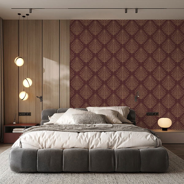 Burgundy Palm Leaves Wallpaper L058