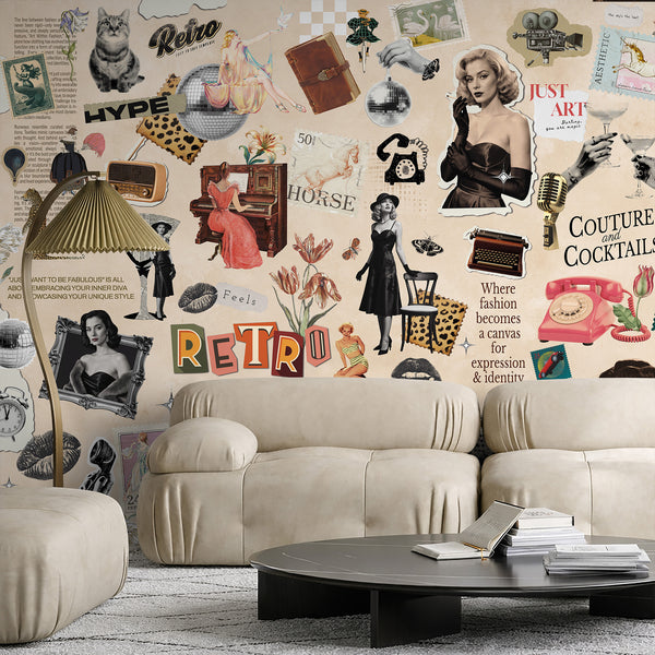 Layered vintage ephemera with portraits, stamps, and leopard accents create a dense collage mural. Ideal for a media room or glam bedroom, this statement wallpaper adds a touch of nostalgia and bold design.