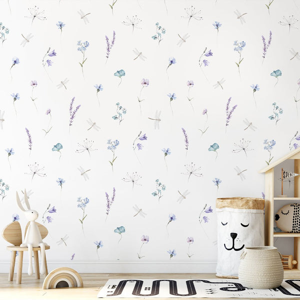 Blue Purple Wildflowers Wallpaper S081 - CostaCover - Peel and stick Removable Wallpaper - accent wallpaper - adhesive wallpaper - Aqua blue wallpaper