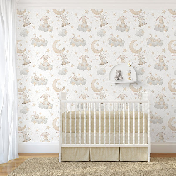 Beige Bunnies on Clouds Wallpaper S107 - CostaCover - Peel and stick Removable Wallpaper - accent wallpaper - adhesive wallpaper - animal print