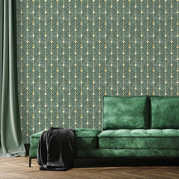 Green Art Deco Wallpaper CC336 - CostaCover - Peel and stick Removable Wallpaper - abstract wall art - abstract wallpaper - accent wallpaper
