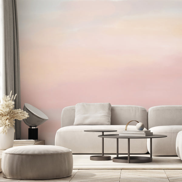 Pastel pink and blue abstract wallpaper with softly blended watercolor tones of blush, peach, cream and powder blue for a dreamy modern bedroom.