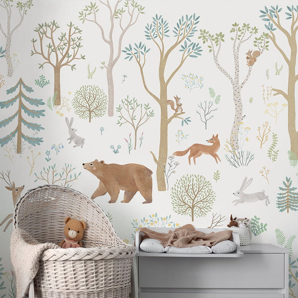 Beige Green Forest Animals Wall Mural SM014 - CostaCover - Peel and stick Removable Wallpaper - accent wallpaper - adhesive wallpaper - animal print