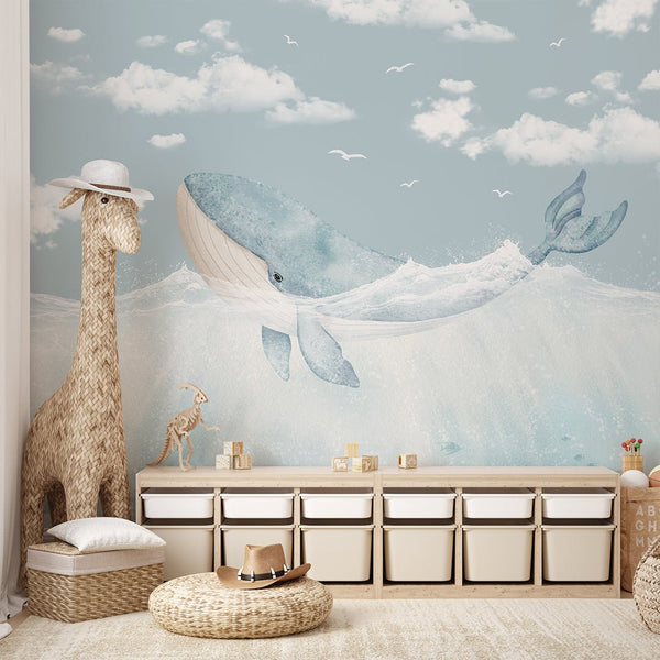 Blue Whale & Sky Wall Mural SM057 - CostaCover - Peel and stick Removable Wallpaper - accent wallpaper - adhesive wallpaper - Aqua blue wallpaper