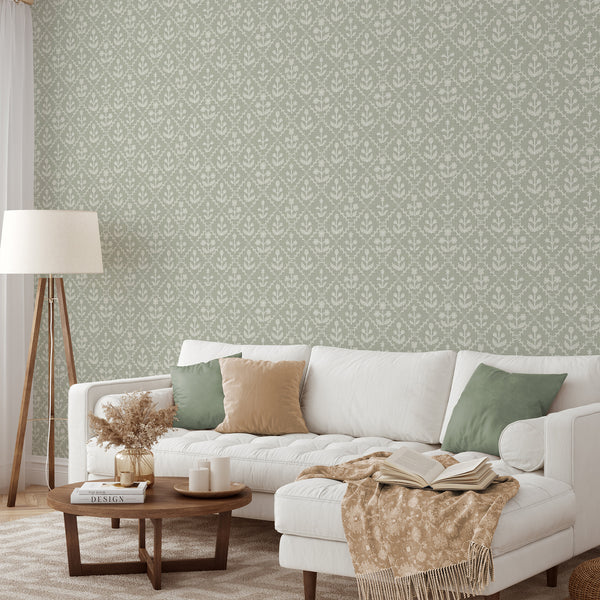 Sage Green Linen Floral Lattice Wallpaper L122