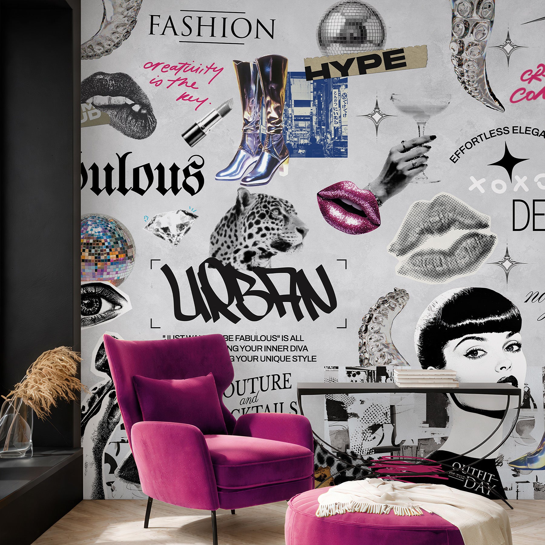 Glam Fashion Wall Mural with bold fashion collage composition