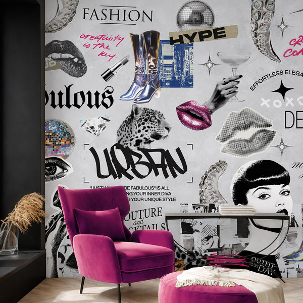 Glam fashion wall mural with a collage of halftone faces, disco elements, and graffiti details, ideal for teen bedrooms or creative studios.