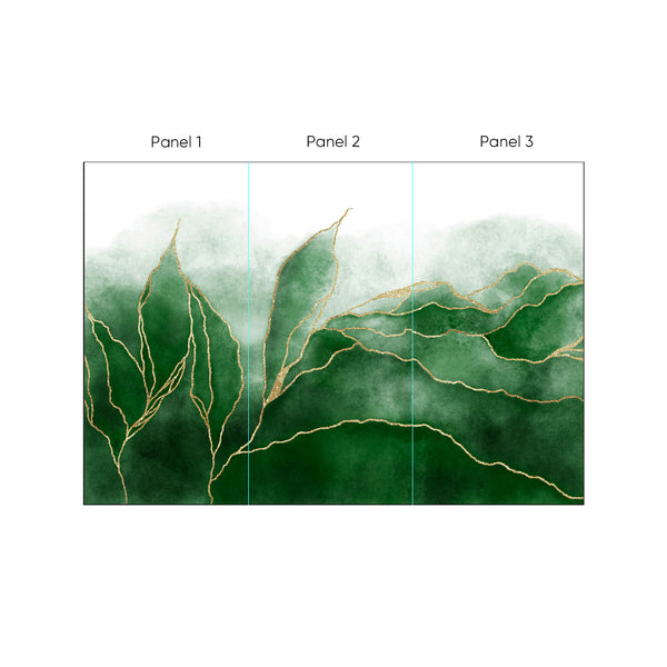 Green Gold Leaves Wall Mural blending misty emerald and mint watercolor hills with fine gold veins. Perfect for living rooms or dining rooms, this eco-friendly wallpaper creates a calm, elevated look with its soft gradients and metallic accents. Easy to apply and reposition, it's ideal for modern glam or organic interiors.