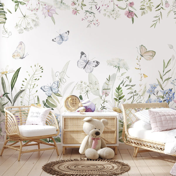 Wildflowers and Butterflies Wall Mural SM041 - CostaCover - Peel and stick Removable Wallpaper - accent wallpaper - adhesive wallpaper - baby bedroom