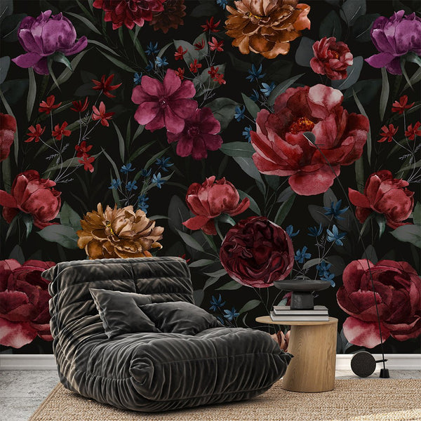 Dark Flowers Print Wall Mural SM027 - CostaCover - Peel and stick Removable Wallpaper - abstract wallpaper - accent wallpaper - adhesive wallpaper
