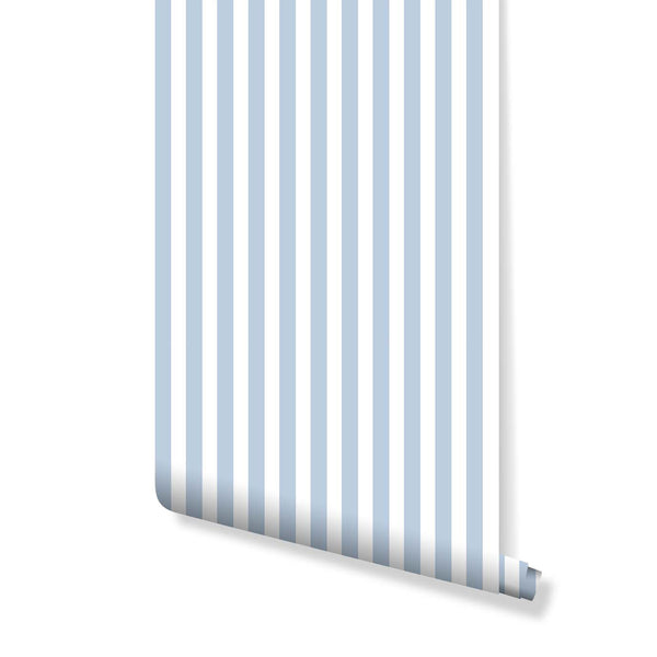 Blue Stripe wallpaper with narrow vertical bands in soft pastel blue and white, offering a clean, tailored look. The precise two-tone pattern adds height and a calm atmosphere to modern bedrooms and nurseries. This removable, eco-friendly wallpaper is perfect for renters and decorators seeking a temporary wall mural solution with easy application.