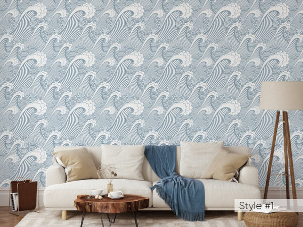 Blue Japanese Waves Wallpaper W002 - CostaCover - Peel and stick Removable Wallpaper - adhesive wallpaper - aqua blue - Aqua blue wallpaper