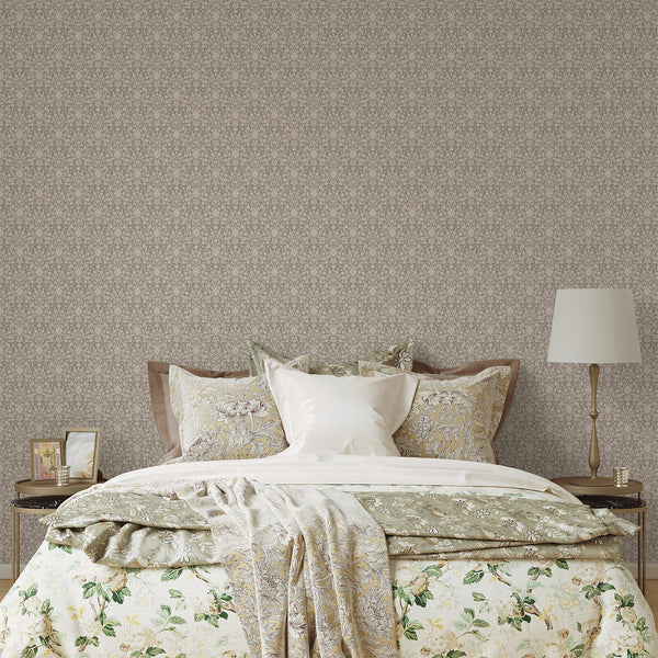 Beige and ivory flower wallpaper with a repeating floral vine damask design, soft textured background and elegant cottagecore aesthetic for bedroom walls.