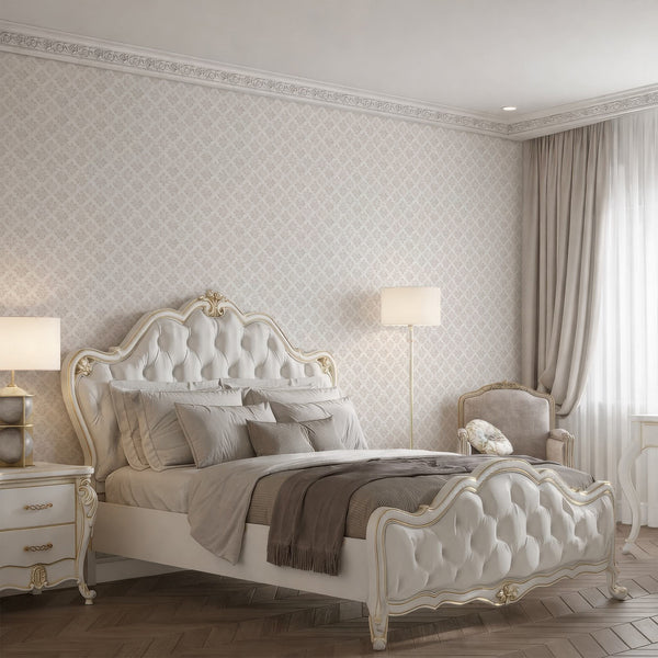 Sophisticated damask wallpaper in muted beige and taupe, featuring floral and leaf patterns for a classic yet modern look. This self-adhesive wallpaper adds subtle elegance to bedrooms or living rooms, with its gently aged, textile-like texture and easy repositioning, perfect for renters.