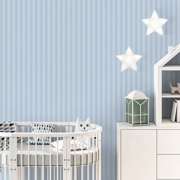 Light blue striped wallpaper featuring elegant white floral vine details brings timeless farmhouse charm to nursery walls, cozy bedrooms, powder rooms, and classic home decor.