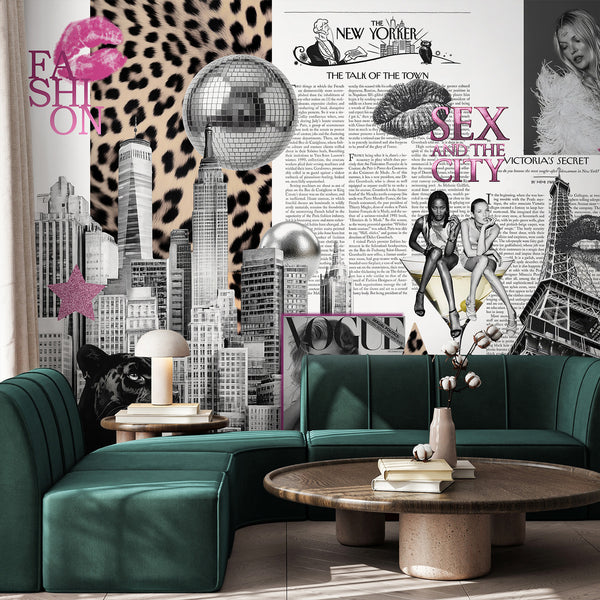 Bold cinematic montage featuring models and pink typography on a black-and-white backdrop, perfect for a striking home office or fashion-themed wall.