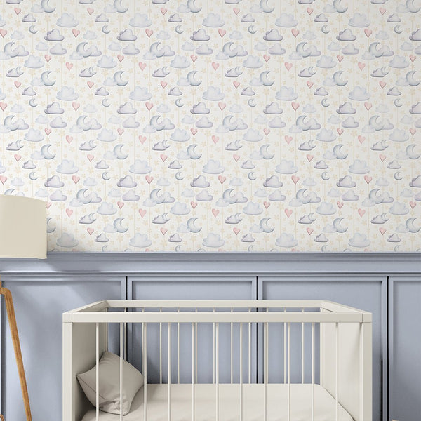 Clouds Moon & Hearts Wallpaper S125 - CostaCover-Peel and stick Removable Wallpaper-accent wallpaper-adhesive wallpaper-baby bedroom