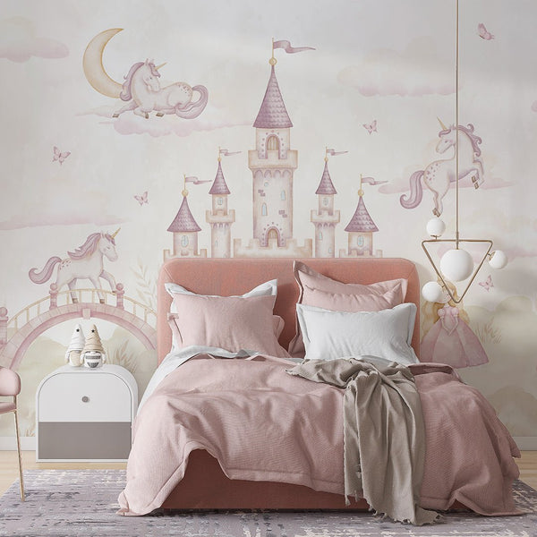 Pink Green Magical Kingdom Wall Mural AM131 - CostaCover-Peel and stick Removable Wallpaper-accent wallpaper-adhesive wallpaper-baby bedroom