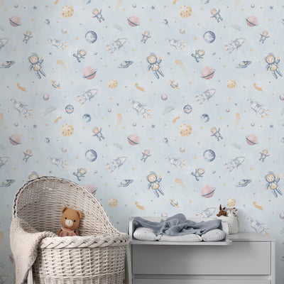 Pastel Blue Astronauts & Rockets Wallpaper S122