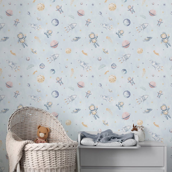 Pastel Blue Astronauts & Rockets Wallpaper S122 - CostaCover-Peel and stick Removable Wallpaper-accent wallpaper-adhesive wallpaper-baby bedroom