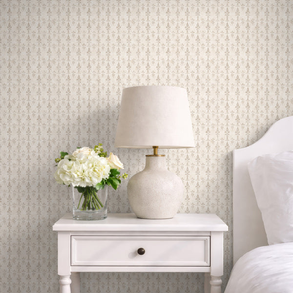 Beige Damask Wallpaper with a lightly distressed surface, offering sophisticated charm to cozy sitting areas.