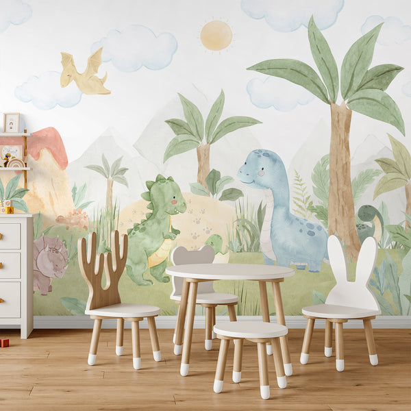 Kids dinosaur wall mural with friendly T Rex, long neck dinosaur, triceratops, palm trees and prehistoric scenery for a baby or toddler room.
