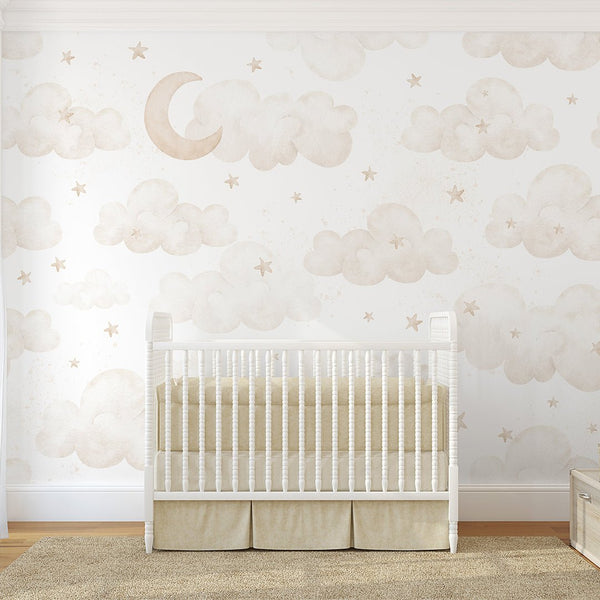 Beige Moon Clouds & Stars Wall Mural SM067 - CostaCover - Peel and stick Removable Wallpaper - Abstract - abstract wall art - abstract wallpaper