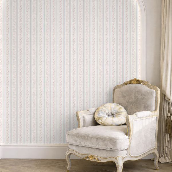 Pink Blue Floral Stripe Wallpaper L132