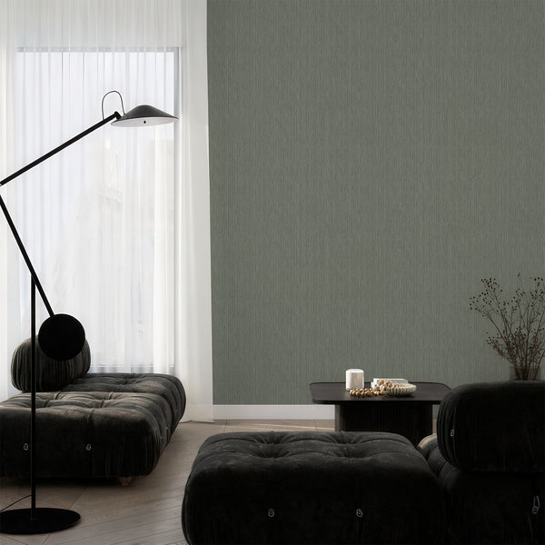 Pre-pasted sage wallpaper with narrow striations providing depth, suitable for minimalist home decor.