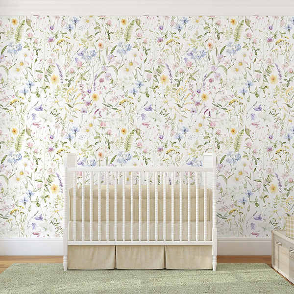 Pastel Delicate Wildflowers Wallpaper S073 - CostaCover - Peel and stick Removable Wallpaper - accent wallpaper - adhesive wallpaper - baby bedroom