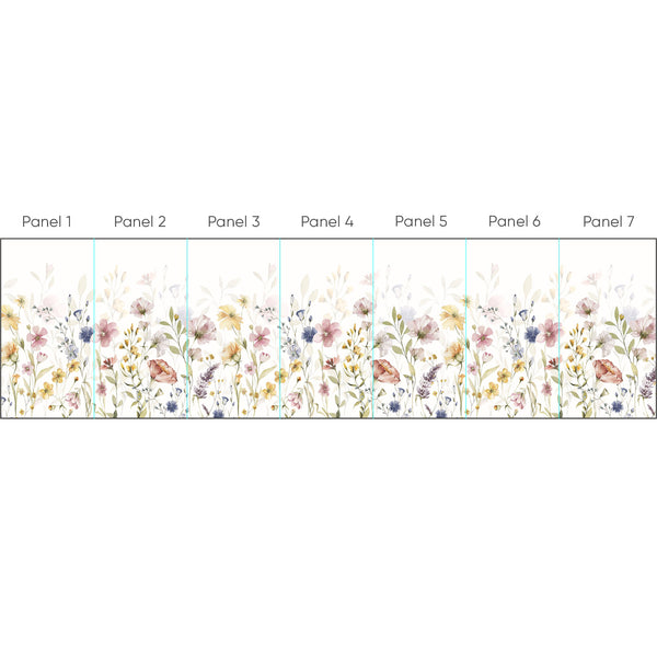 Watercolor wildflower wall mural with delicate blooms in pastel blush, ochre, soft green, lavender, and blue. The horizontal meadow pattern adds an airy, fresh look to nurseries or bedrooms. This removable, self-adhesive wallpaper is perfect for creating a welcoming hall or dining nook with an eco-friendly, hand-painted feel.