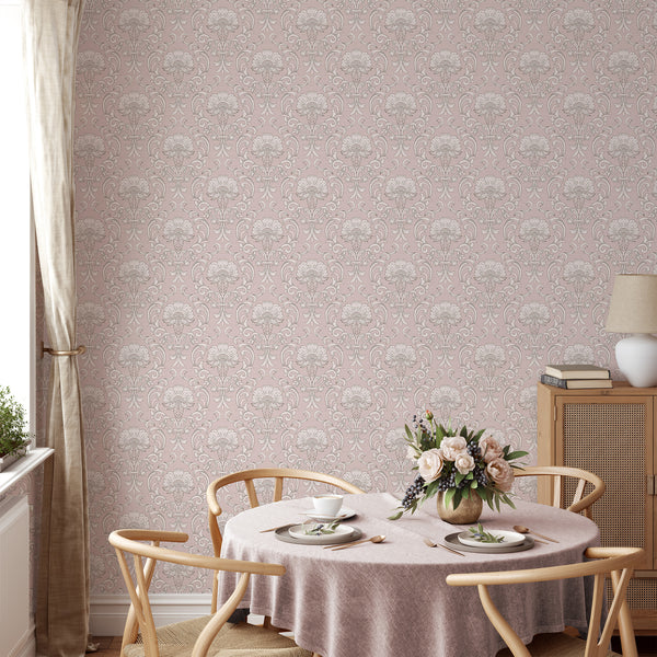 Large blush pink damask pattern with hand-drawn lines, perfect for a French country living room. Self-adhesive, easy to apply, made in the USA.