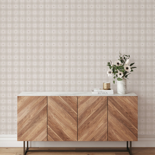 Taupe Greige Plaid Floral Wallpaper L146