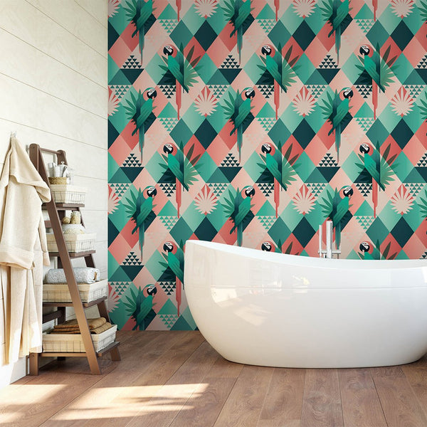 Palm Leaves & Parrots Wallpaper CC170 - CostaCover - Peel and stick Removable Wallpaper - Abstract - abstract wallpaper - adhesive wallpaper