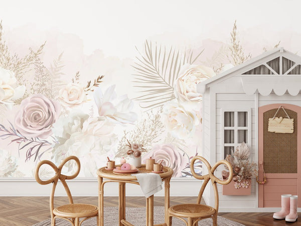 Nude Pink Flowers Wall Mural WM008 - CostaCover - Peel and stick Removable Wallpaper - beige wallpaper - blush pink wallpaper - botanical