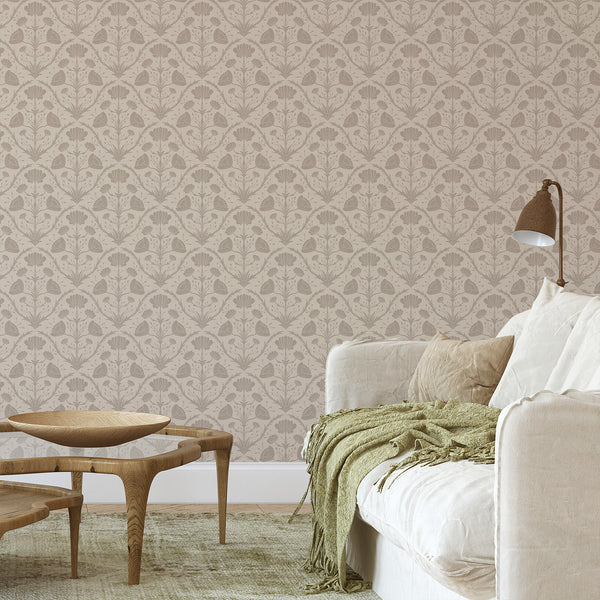 Elegant taupe vintage floral wallpaper featuring orderly columns of blooms, suitable for creating a calm atmosphere in a bedroom or dining room. The removable design allows for easy installation, catering to renters and decorators seeking a temporary decor solution.