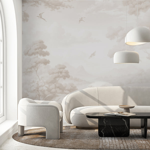 Expansive landscape wall mural with rounded trees and airy clouds, creating a tranquil atmosphere in bedrooms. The warm beige tones and delicate linework suit modern organic interiors, providing a serene and spacious feel.