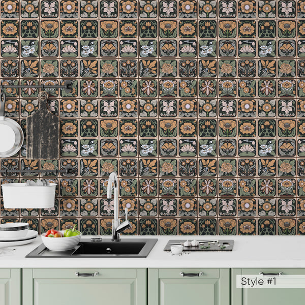 Floral Tiles Vintage Wallpaper CC315 - CostaCover-Peel and stick Removable Wallpaper-abstract floral-abstract wall art-abstract wallpaper