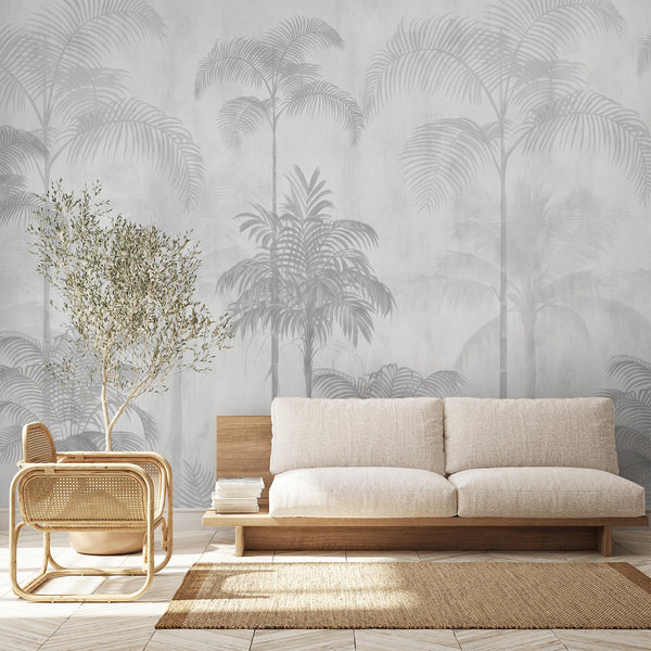Neutral gray palm tree wall mural with delicate tropical foliage and softly layered trees, ideal for a modern bedroom or living room accent wall.